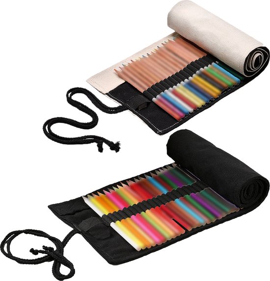 Somstyle Roletui Set - 2 Stuks - Voor 36 Potloden of Stiften - Pennen Etui voor Jongens & Meisjes - Zwart & Beige