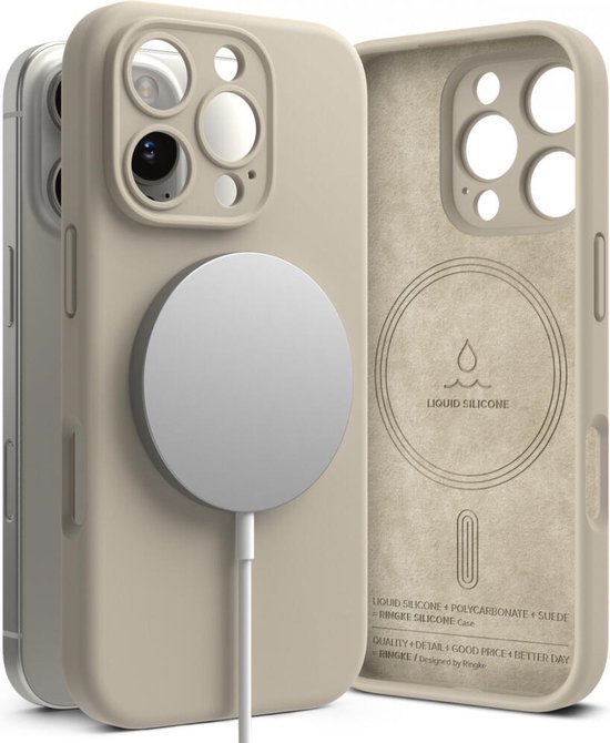 Foto: Ringke silicone magnetic hoesje geschikt voor apple iphone 16 pro compatibel met magsafe back cover met magneet zacht siliconen slank design beige