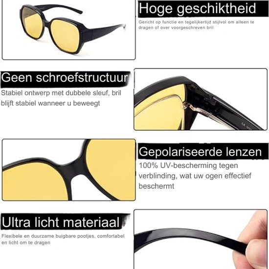Zwarte bril met gele glazen, stevig ontwerp, geen schroeven, gepolariseerde lenzen, ultralicht materiaal.