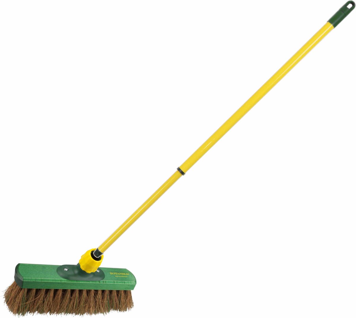 Goedkoopste Kunststof straatbezem/buitenbezem kokoshaar 28 cm met metalen telescoopsteel geel 80 - 130 cm - Harde buitenbezems