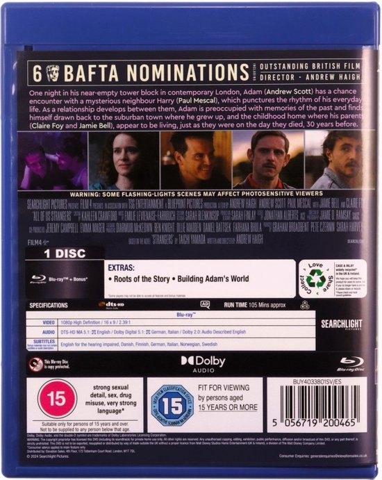 Achterkant Blu-ray hoesje van 'All of Us Strangers' met 6 BAFTA-nominaties en recensies.