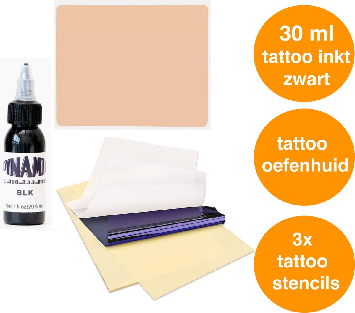 Tattoo Starterset | 30ml Tattoo Inkt Zwart | Tattoo Oefenhuid | Tattoo Transfer Stencils | Complete Tattoo Oefenset