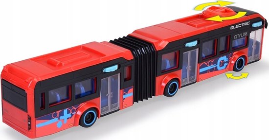 Rode dubbele stadsbus met accordeonverbinding, 'ELECTRIC CITY LINE' en blauwe logo's. Pijlen geven draaibeweging aan.