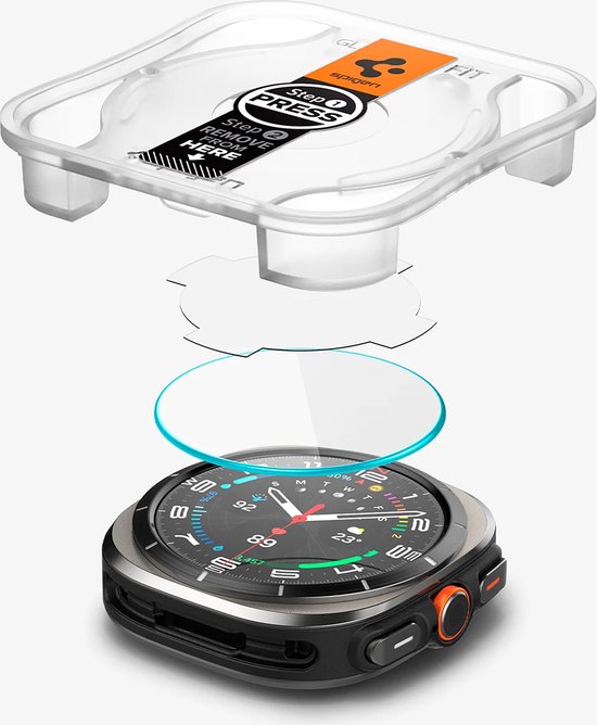 Explosietekening van een smartwatch met oranje bandje, screenprotector en installatiehulp.