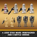 Vier witte LEGO Star Wars minifiguren met rode accenten, drie lichte zandkleurige Battle Droids en drie donkere grijze Battle Droids.