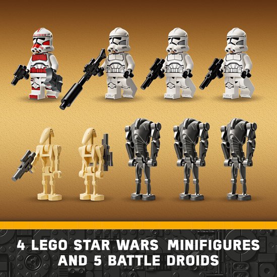 Vier witte LEGO Star Wars minifiguren met rode accenten, drie lichte zandkleurige Battle Droids en drie donkere grijze Battle Droids.
