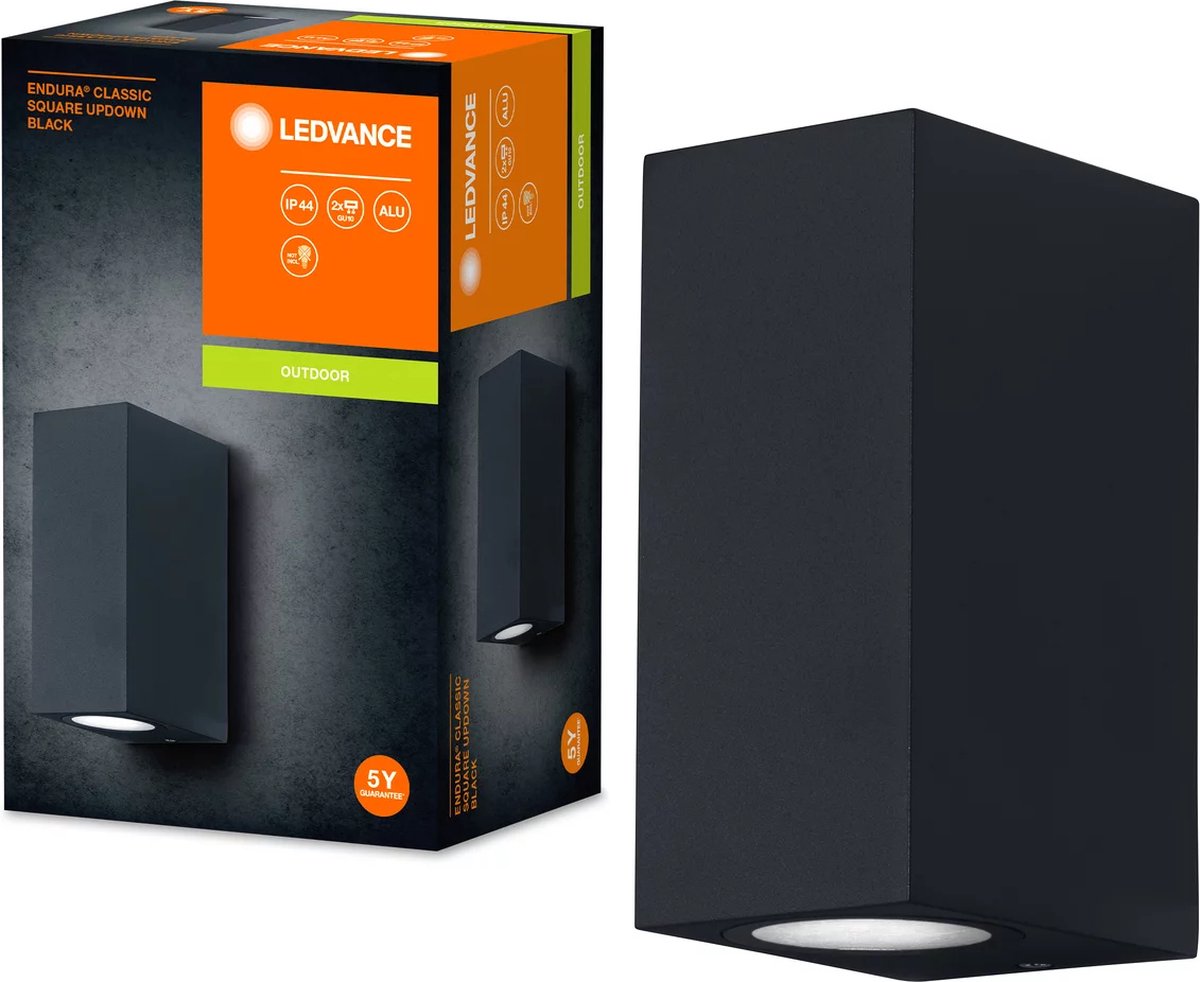 LEDVANCE ENDURA Classic Square Updown buitenwandlamp, zwart, GU10 voet (max 35W), kan worden uitgerust met een normale of slimme lamp, down of up/down types, IP44 bescherming