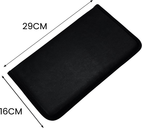 Zwart cd-hoesje met de afmetingen 29cm x 16cm, van voren bekeken.