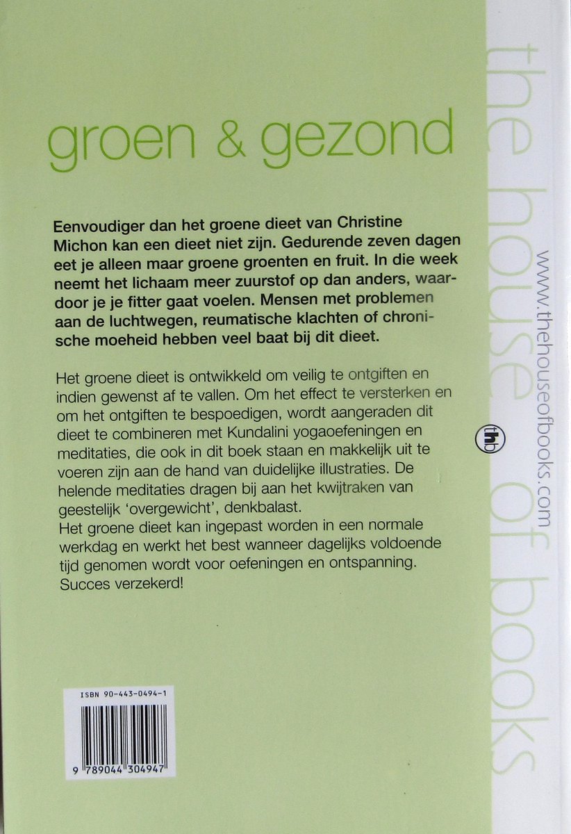 Achterkant boek 'groen & gezond' met tekst over een groen dieet. ISBN 90-443-0494-1.