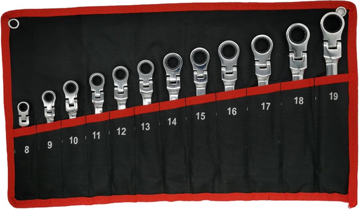 Ratelsleutelset 12-delig metrisch flexibele ringsleutel met tandwielring open-end box-end flex flexi-kop doe-het-zelf handgereedschapsset in roltas 8-19 mm