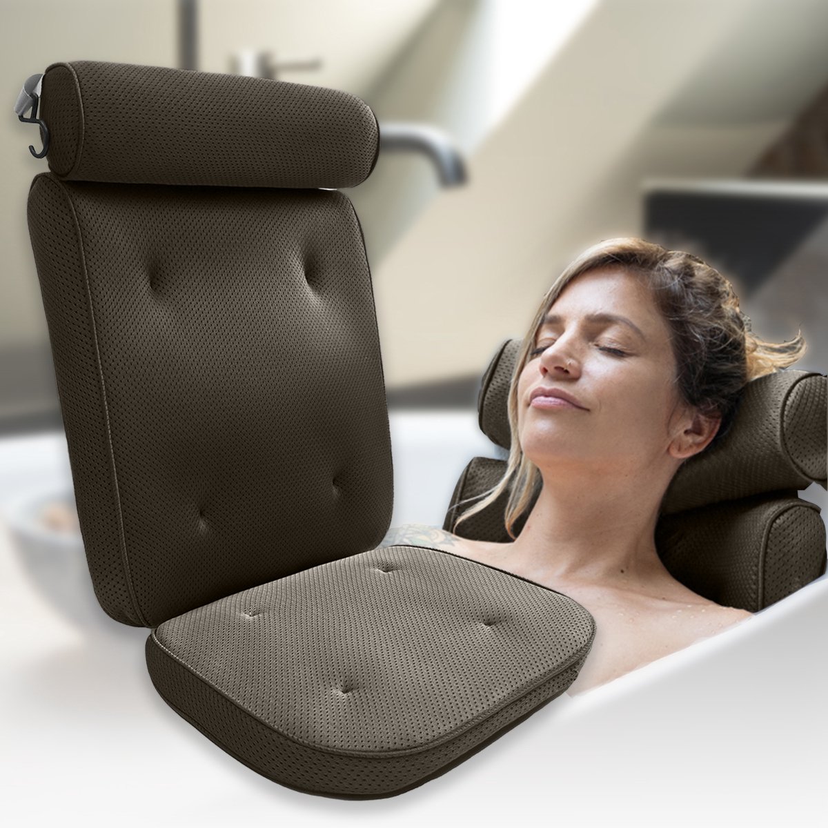 HelloBath® - Luxe Badkussen (afritsbaar) - Kussen voor in bad - Nek - en rugondersteuning in bad - Badzitje - Incl. Waszak - Zwart
