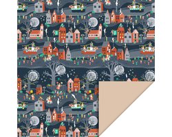 Product afbeelding van 1 Rol Dubbelzijdig Sinterklaas inpakpapier 70 CM - 3 meter - Intocht - Donker blauw - Nude - Huizen - Boot - Maan - Bomen - Piet- maan - pakjesavond - cadeaupapier - SNQ Cadeau Verpakkingen