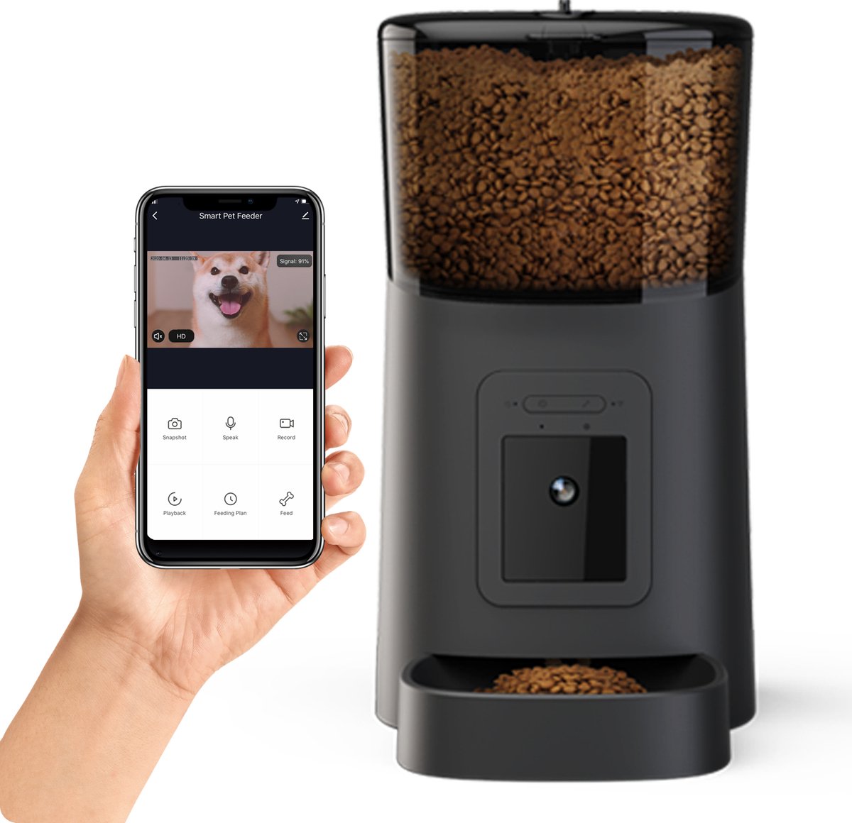 Automatische Voerbak Kat en Hond - met Camera - Inhoud 6 Liter - Voerbak Kat met Smartphone besturing - Voerautomaat - Zwart - Proun