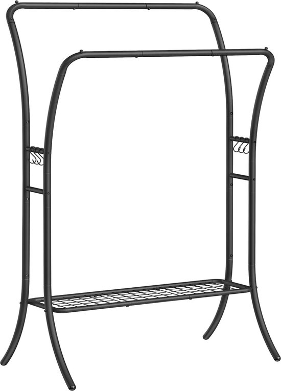 IDIMEX Fabio dressboy voor heren, kleerhanger, broekhanger en plank, stijlvol design, zwart/vintage. Ideaal voor slaapkamer, metalen frame, ronde voet