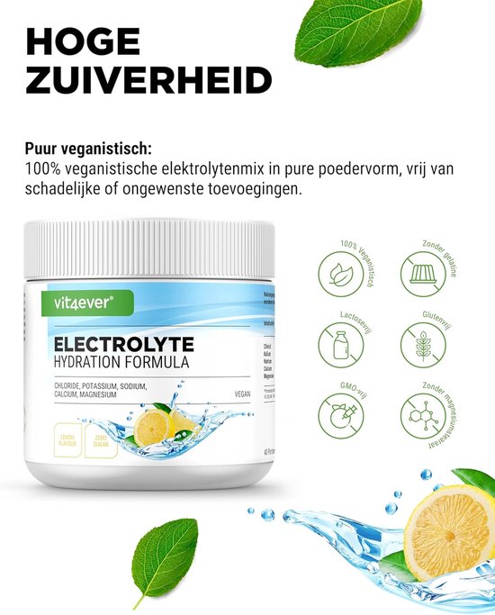 Elektrolyten - 200 g (40 porties) - Hydratatieformule met chloride, kalium, natrium, calcium, magnesium - Perfect voor sporters met vochtverlies - Zonder suiker - Veganistisch - Citroensmaak - Vit4ever — afbeelding 5