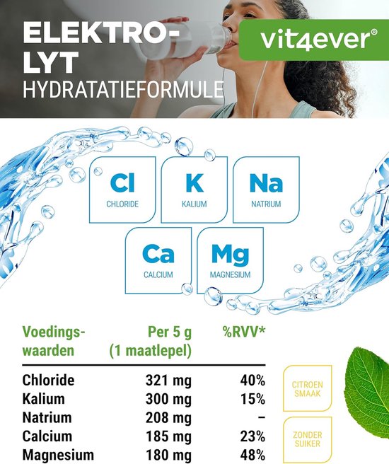 Elektrolyten - 200 g (40 porties) - Hydratatieformule met chloride, kalium, natrium, calcium, magnesium - Perfect voor sporters met vochtverlies - Zonder suiker - Veganistisch - Citroensmaak - Vit4ever — afbeelding 2