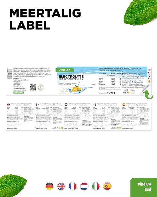 Elektrolyten - 200 g (40 porties) - Hydratatieformule met chloride, kalium, natrium, calcium, magnesium - Perfect voor sporters met vochtverlies - Zonder suiker - Veganistisch - Sinaasappelsmaak - Vit4ever — afbeelding 4