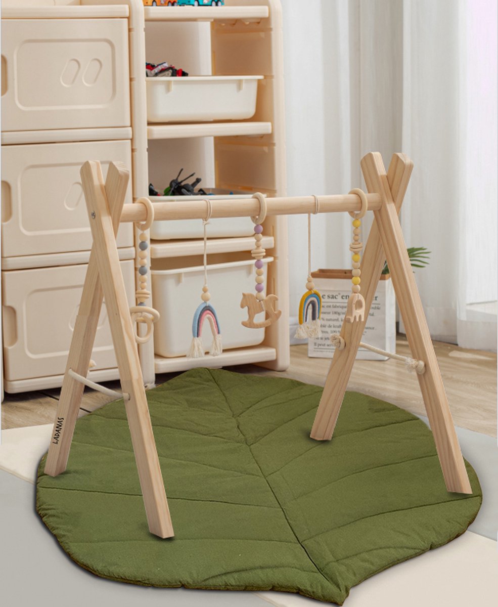 babygym hout incl. 5 speeltjes + dubbelzijdige speelmat – houten Speelboog Baby – Stevige constructie & inklapbaar — afbeelding 16