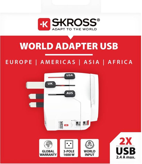 SKROSS wereldadapter met USB, compatibel met Europa, Amerika, Azië, Afrika. Met uitschuifbare UK & AUS stekkers.
