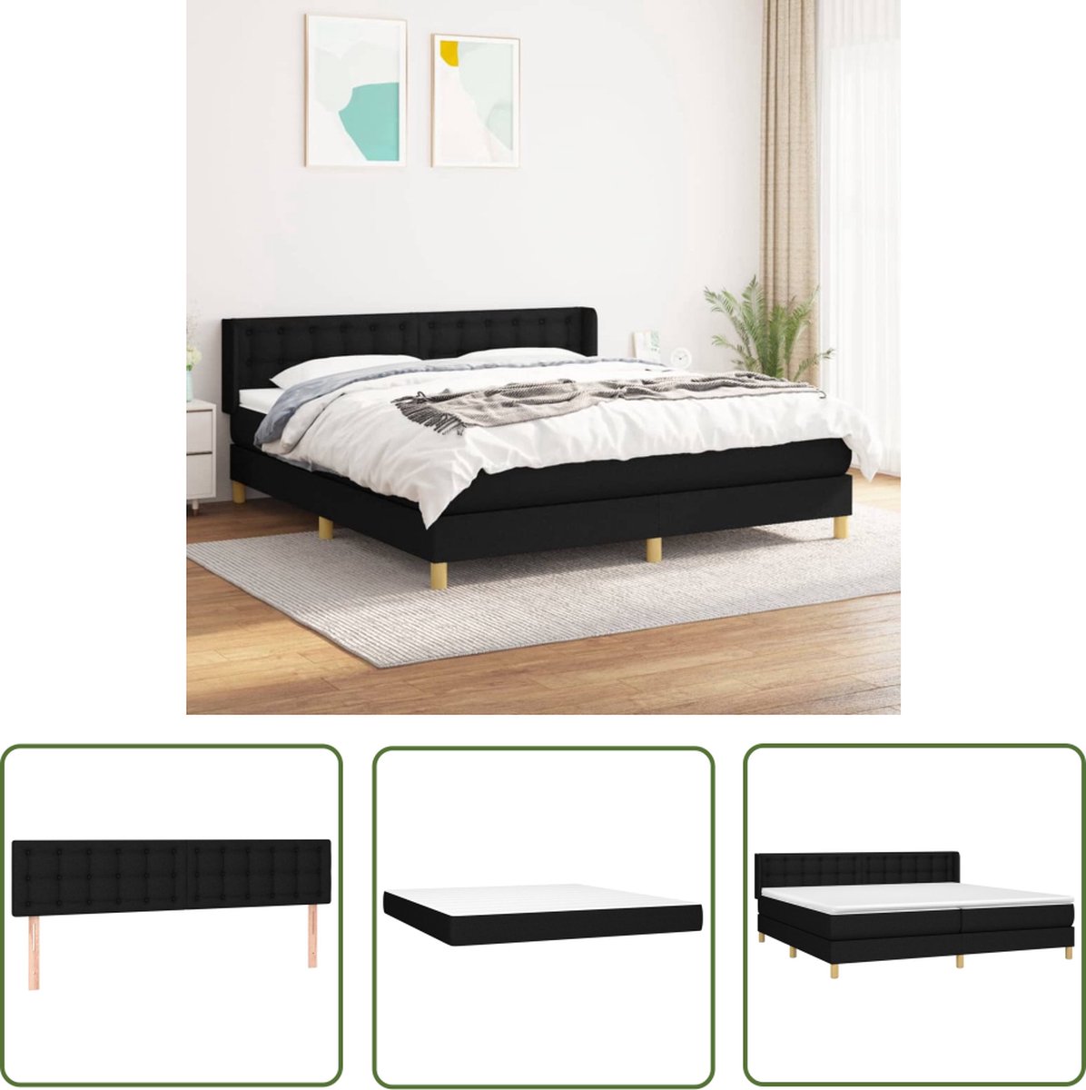 The Living Store Boxspringbed - Zwart - 203x163x78/88 cm - Pocketvering matras - Middelharde ondersteuning