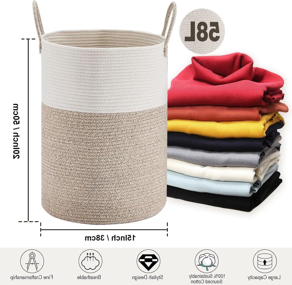 Goedkoopste Wasmand grote opbergmand - gevlochten katoenen mand met handgrepen van katoen