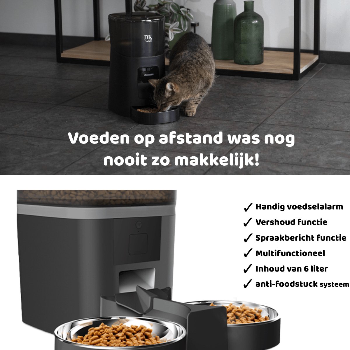 Afbeelding 3 van DKProducts.nl Automatische voerbak zwart - Nieuw Model - Duo Bowl - Voerautomaat Met App - Smartphoneo Besturing - Voerinhoud 6 Liter - Voor Katten- en Hondenvoer - Droogvoer - Voedingsschema - WiFi - Automatische voerbak kat