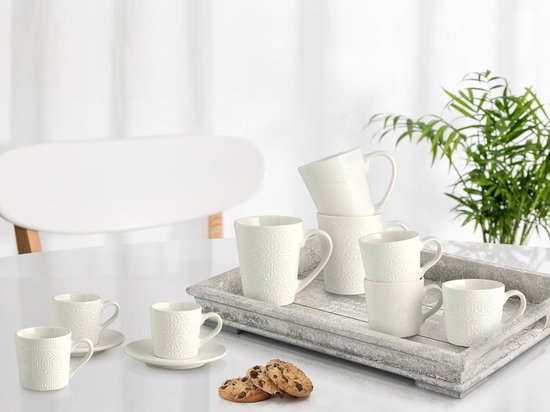 Set De 6 Tasses à Thé En Grès H&H Vhera - 220 Ml, Décor Géométrique Noir Et Blanc - Lavable Au Lave-vaisselle