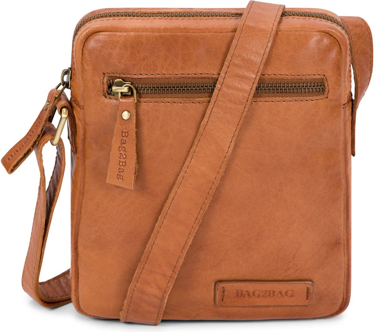 Bag2Bag - Kisa -Kleine - Platte - Crossbodytas - Leer - Uniseks - Heren - Vrouwen - Cognac