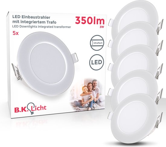 B.K.Licht - LED Badkamer Inbouwspots - set van 5 - witte spots - IP65 waterdicht - badkamerverlichting - ultraplat 3 cm - Ø8,6 cm - 4.000K neutraal wit licht - 350Lm - 3W