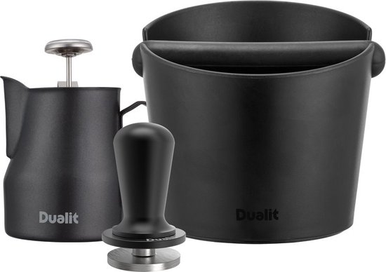 Kit Dualit Barista : pot à mousser le lait + thermomètre + knockbox + tamper inox