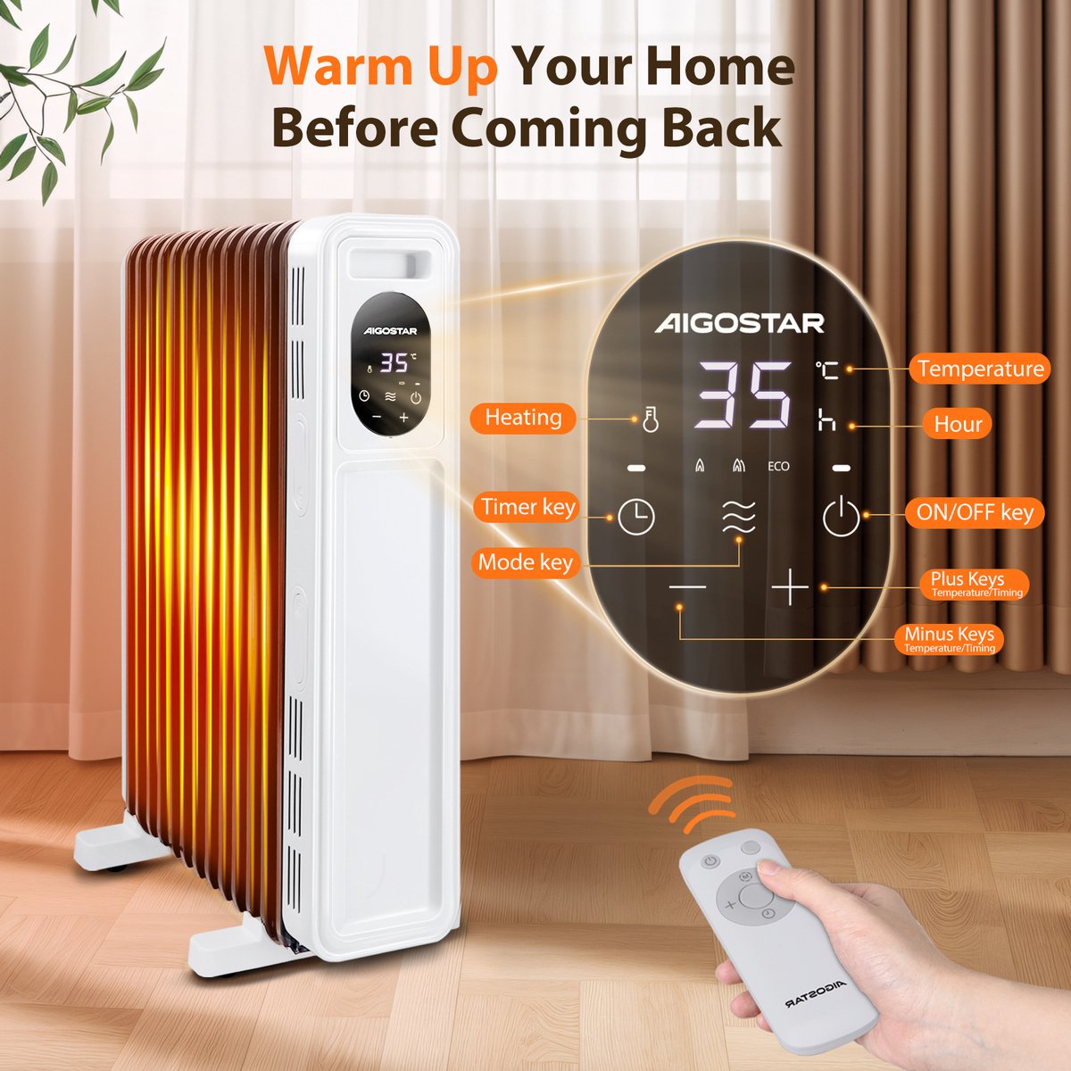 Aigostar Snug - Olieradiator - 2500W Heater - Elektrische Kachel - Oliegevulde radiator - 13 Ribben - Verwarming met Afstandsbediening - Wit/Zwart – foto 5