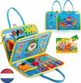 Montessori Activiteiten Boek - Nederlands - Busy Board - Perfect voor op Vakantie - Klok lezen - Motoriek Map voor Thuis en Onderweg - Leren Veter Strikken - Activiteitenboek - Vaardigheden Kinderen - Educatief Spel - Dinosaurus blauw