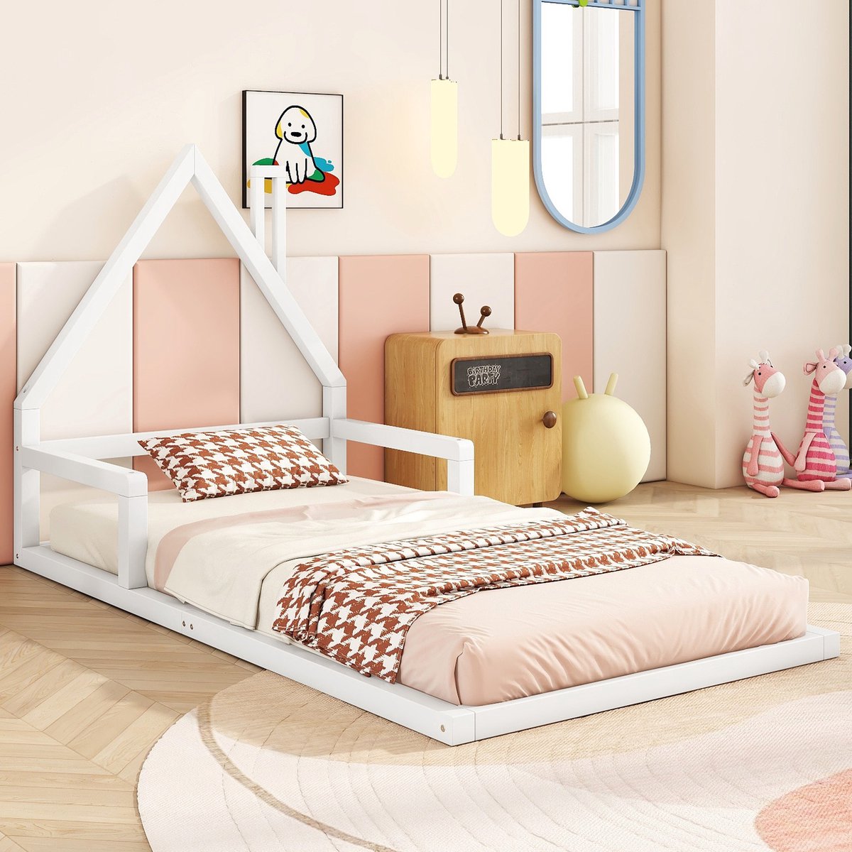Gutent Kinderbed, Wit (Zonder matras), 90x200 cm, Plat bed, Huisvorm, Massief grenen, eenvoudige vorm, adolescentenbedden