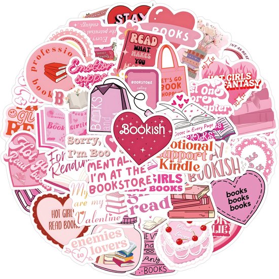 Stickers voor de Boekenworm – 60 roze stickers met Boeken, Lezen, Hartjes en Engelse teksten over de liefde voor Boeken- 60 stickers met Boeken, Lezen, Hartjes en Engelse teksten over de liefde voor Boeken