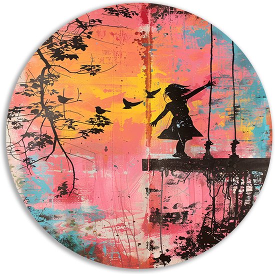 Banksy kleurrijk rond schilderij - Meisje wandcirkel - Wandbord Persoon - Landelijk schilderij - Wandcirkel - Slaapkamer muurdecoratie muurcirkel forex 100x100 cm