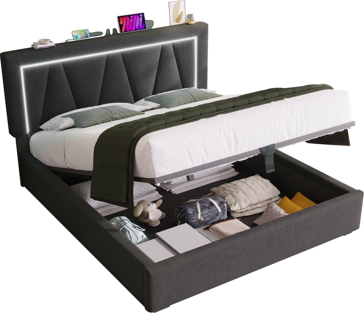 Merax Gestoffeerd Bed 140x200 cm met USB Oplaadstation LED-Verlichting en Verstelbaar Hoofdbord - Bed met Opbergruimte en Lattenbodem - Grijs