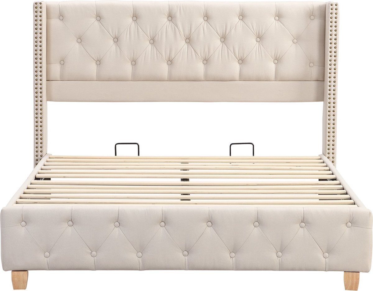 Merax Bekleed Bed 160x200 cm met Lattenbodem en Hoofdbord, Knopbekleding, Rivetversiering, Houten Poten, Linnen, Beige