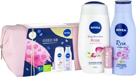 Nivea Geschenkset Toilettas Glorious Skin - Douche Creme, Body Lotion & Lippenbalsem - Cadeau Vrouwen