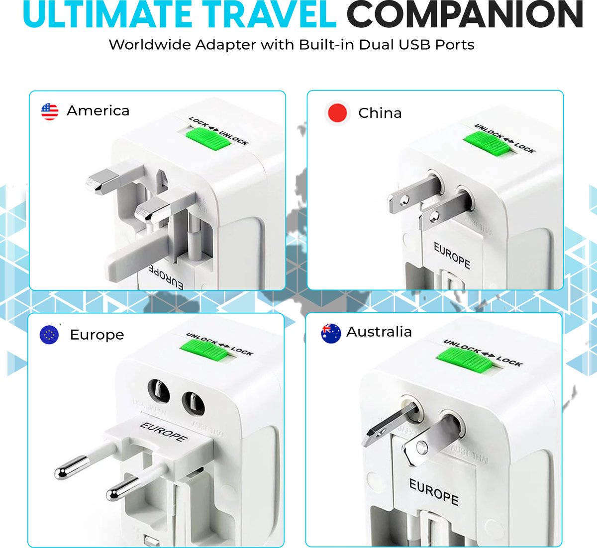Arisenn® Wereldreiziger + USB : Alles-in-één Reisstekker voor 150+ Landen | USB & AC | Compact & Lichtgewicht | Perfect voor Reis & Thuis | 2 USB ports — cadeau in Gadgets - foto 6