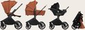 Vier configuraties van een kinderwagen: wieg, zitje, autostoel en opgevouwen. Kleur roestbruin.