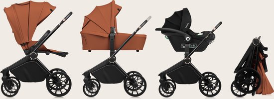 Vier configuraties van een kinderwagen: wieg, zitje, autostoel en opgevouwen. Kleur roestbruin.