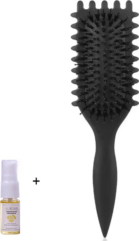 Aurgan Curl Styling Haarborstel zwart met 10ml Aurgan arganolie - krullenborstel - volumieus haar - krullen borstel - antiklit - curl brush - Curl defining brush - Curly Girl CG Methode