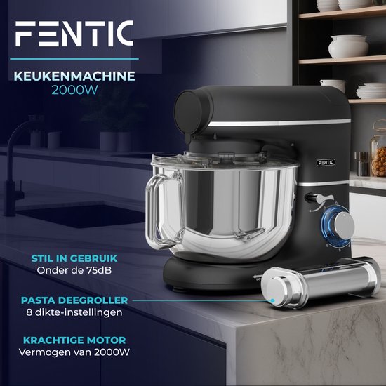 Fentic Keukenmachine - 2000W - Keukenrobot - Incl. Pastaroller en extra accessoires - 6,2L Mengkom - Foodprocessor - Pastamachine - Zwart — afbeelding 2