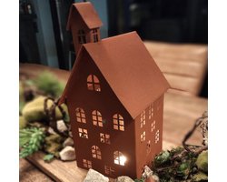 Decoratieve huizen set van 5, metalen lichthuisjes voor tuin, terras, balkon of huis (roest)