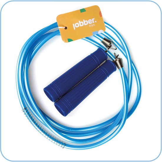 Blauw springtouw van Jobber Toys met blauwe handvatten en een gele
"jobber. toys" tag.