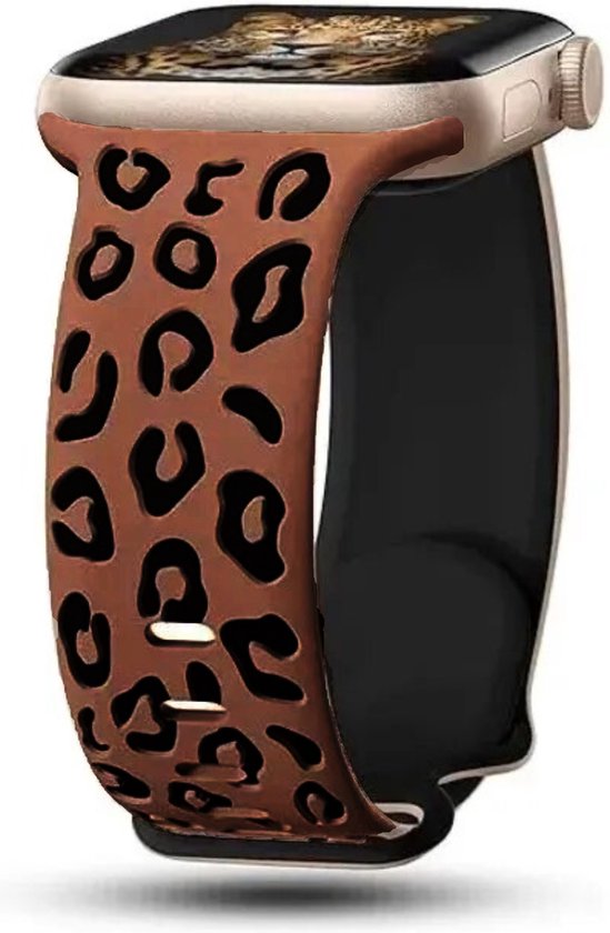 Bruin siliconen bandje met zwart panterprint, passend op een Apple Watch.