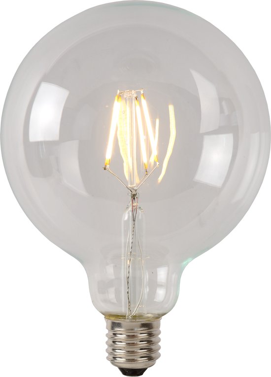 Transparante G125 LED-lamp met zichtbaar filament en E27-fitting.