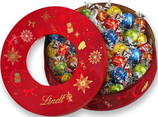 Lindt Kerst blik met chocolade bonbons 550 gram - 44 zacht smeltende LINDOR chocolade bonbons - Ideaal Kerstcadeau - Melkchocolade - Witte Chocolade - Hazelnoot Chocolade - Pure chocolade - Pistache chocolade