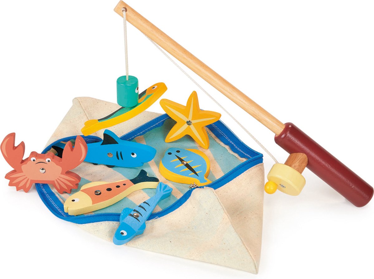 MENTARI Spel - Vissen - Met Vishengel In Hout - 7 Magnetische Zeediertjes - 2 Jaar