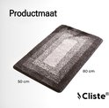 Donkergrijze badmat met een gradiënt van wit naar grijs, afmetingen 50 x 80 cm. Cliste logo.